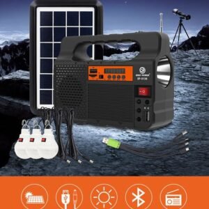 Portable Solar Generator with Solar Panel Radio BT Speaker Phone Charger Flashlight Power Station Built-in 3600mAh Rechargeable Battery for Outdoor Camping Emergency Illumination System with 3Pcs External Light Bulb